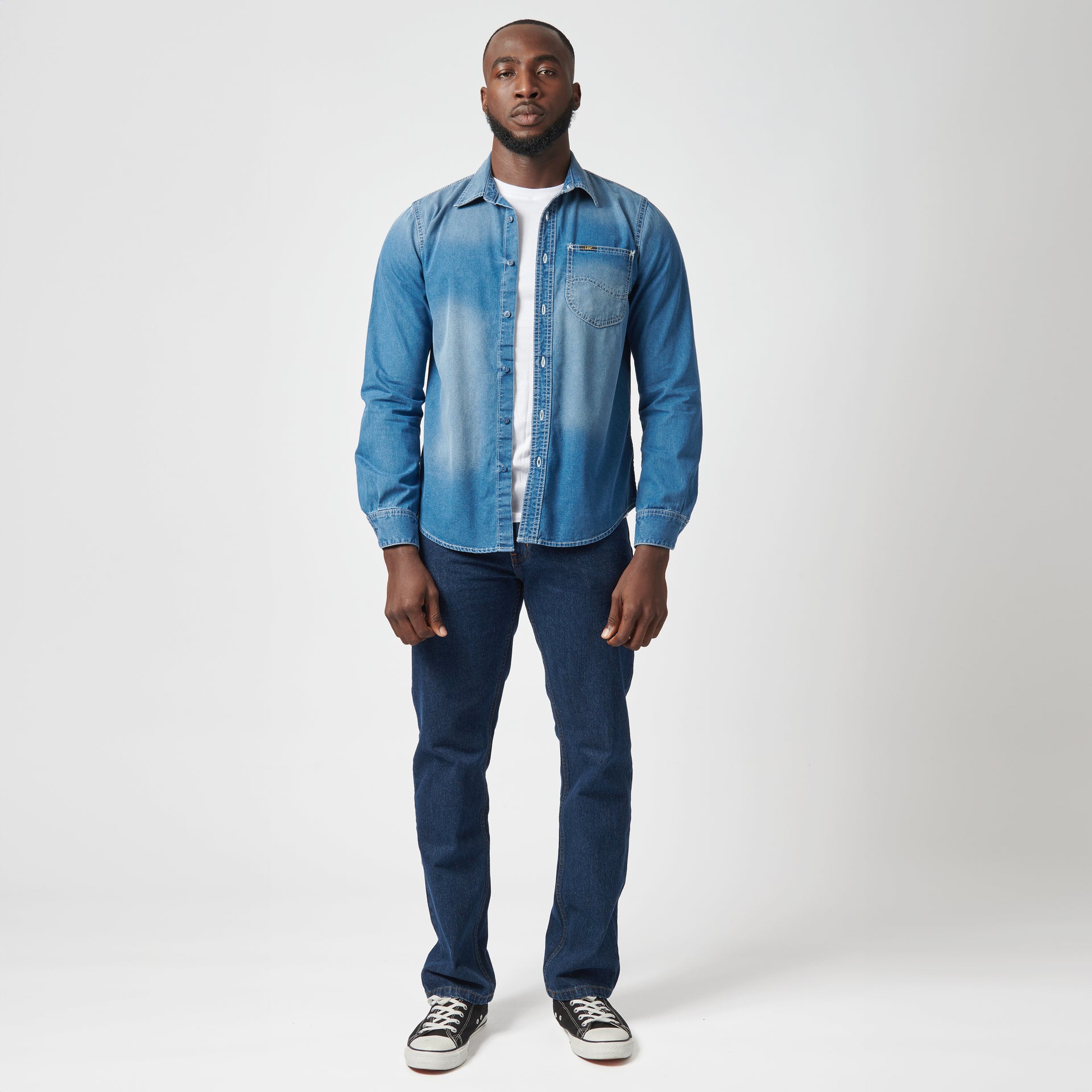 LAZY 'S' LONG SLEEVE DENIM SHIRT IN MID SHADE