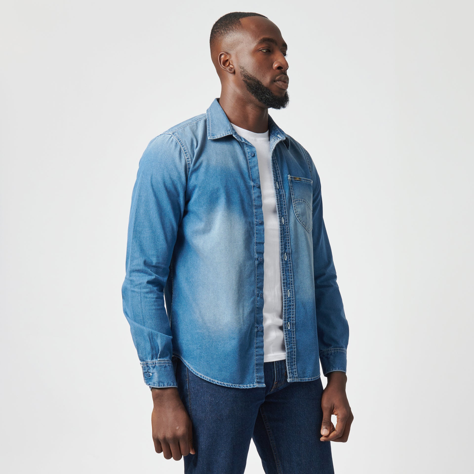 LAZY 'S' LONG SLEEVE DENIM SHIRT IN MID SHADE